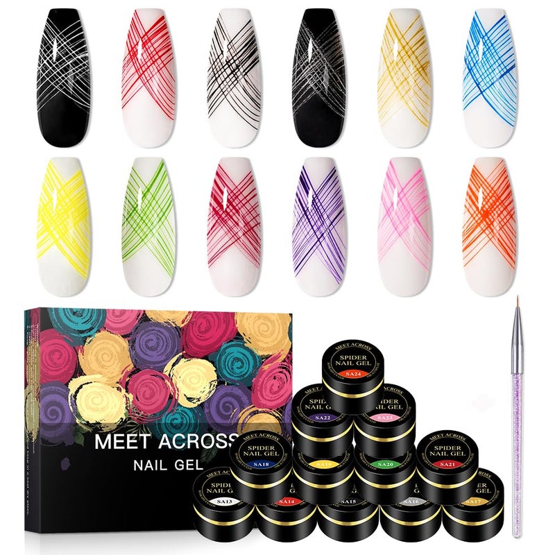 MEET ACROSS 12 Colors Spider Gel for Nail Art With Liner Brush Soak off UV LED Elastic Drawing Gel Nail Art Design Paint