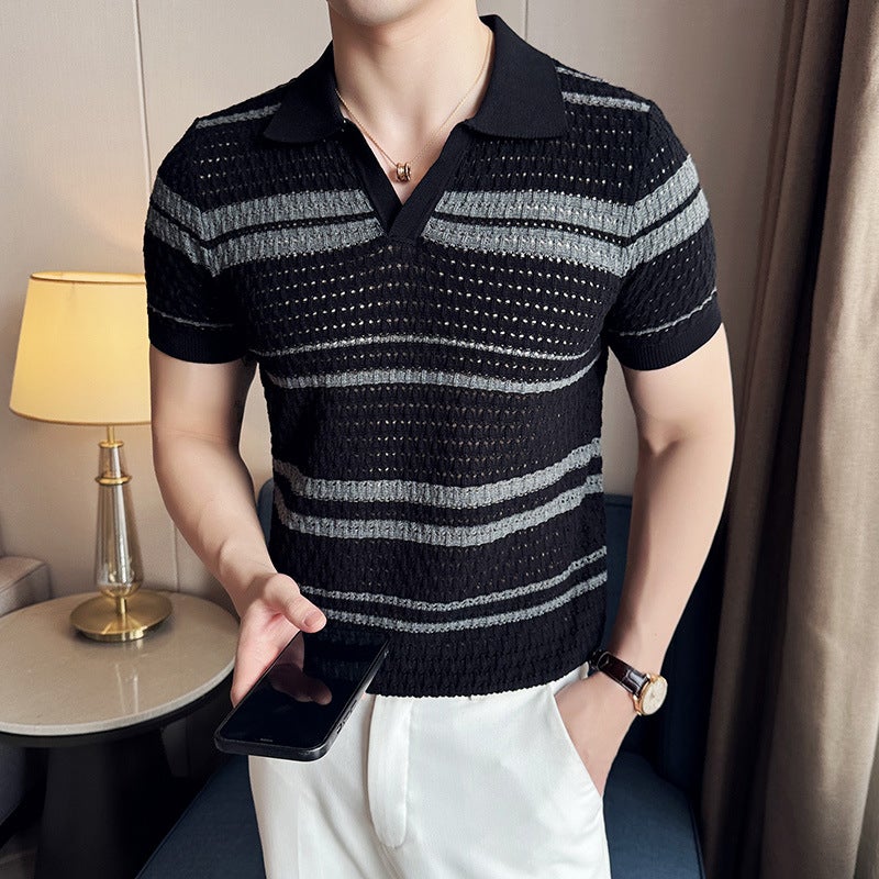 Knitted Hollow Out Short Sleeve V-Neck Polo Shirt for Men Summer Thin Striped Casual Top - Image 2