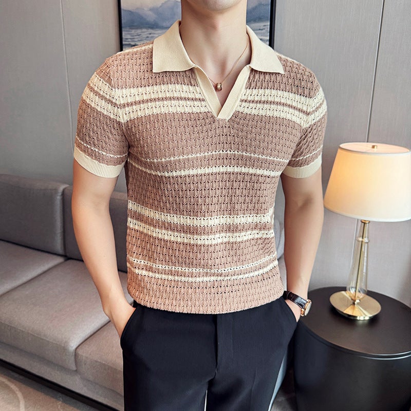 Knitted Hollow Out Short Sleeve V-Neck Polo Shirt for Men Summer Thin Striped Casual Top - Image 3