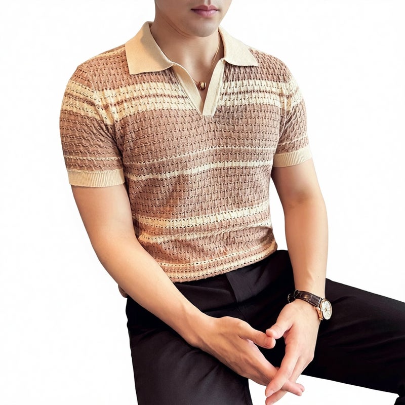 Knitted Hollow Out Short Sleeve V-Neck Polo Shirt for Men Summer Thin Striped Casual Top - Image 1