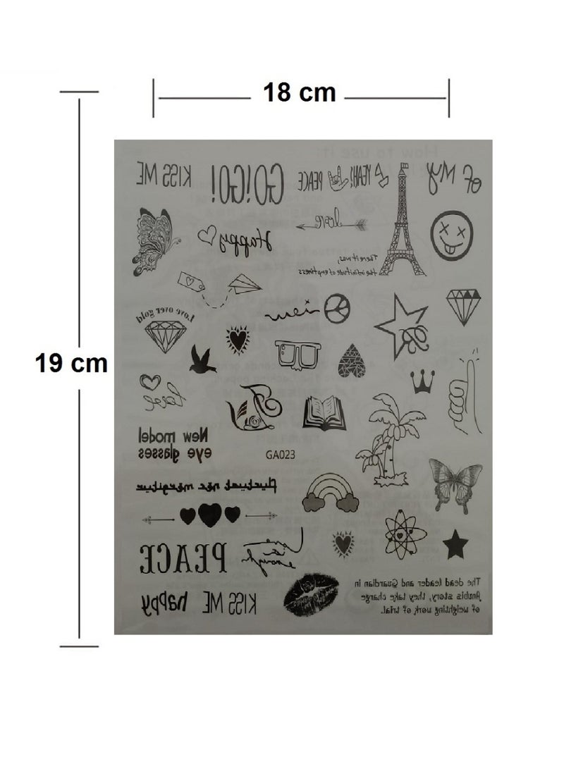 تتضمن ورقة الوشم مجموعة متنوعة من التصاميم، مثل الفراشات والزهور والقلوب والرموز. - Image 2