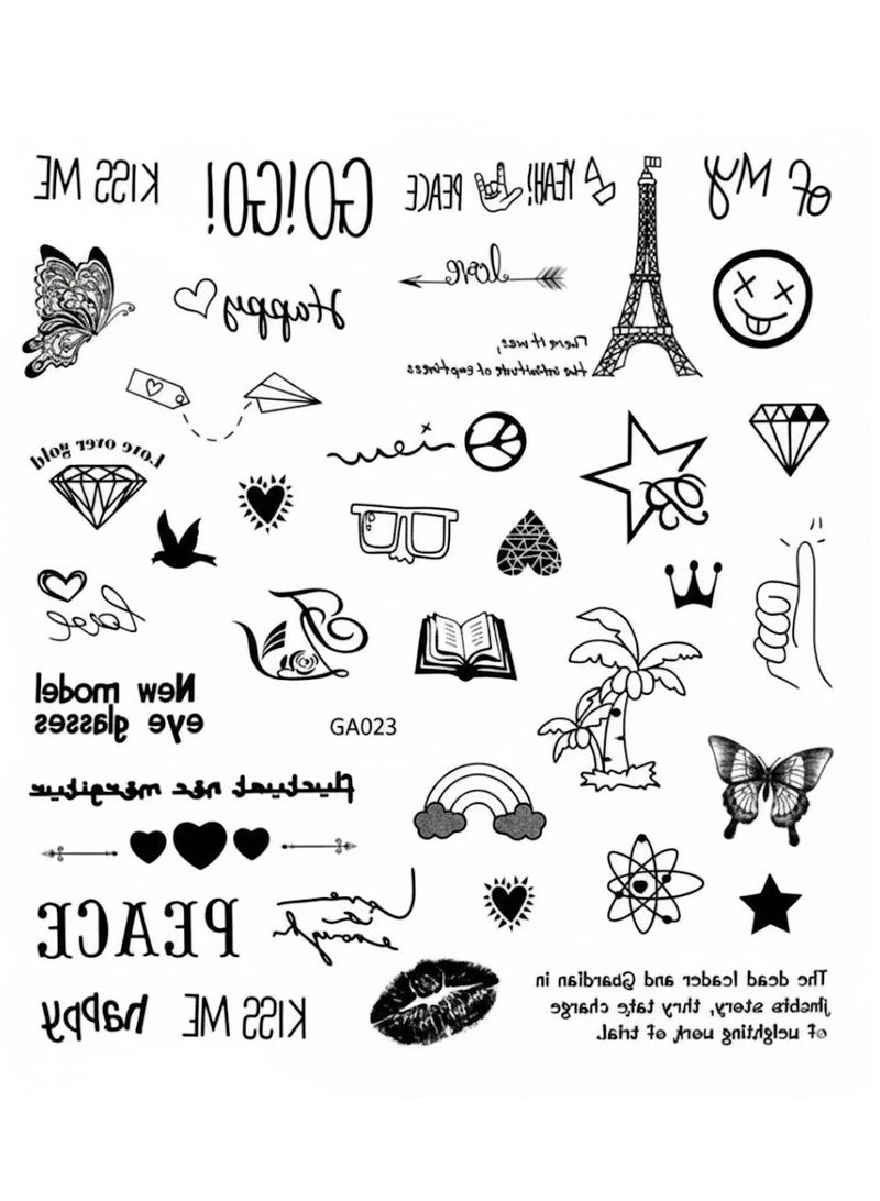 تتضمن ورقة الوشم مجموعة متنوعة من التصاميم، مثل الفراشات والزهور والقلوب والرموز. - Image 1