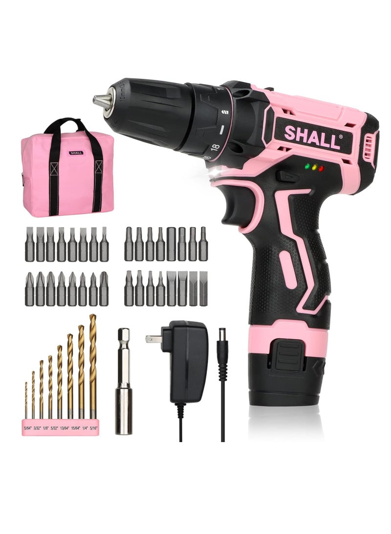طقم مثقاب لاسلكي وردي اللون، 43 قطعة، مثقاب كهربائي 12 فولت، ظرف بدون مفتاح 3/8 بوصة، بطارية ليثيوم أيون 2 أمبير/ساعة، 8 رؤوس مثقاب HSS و32 رأس مفك براغي، مناسب لحفر الخشب/المعادن، مشاريع "اصنعها بنفسك" للنساء - Image 1
