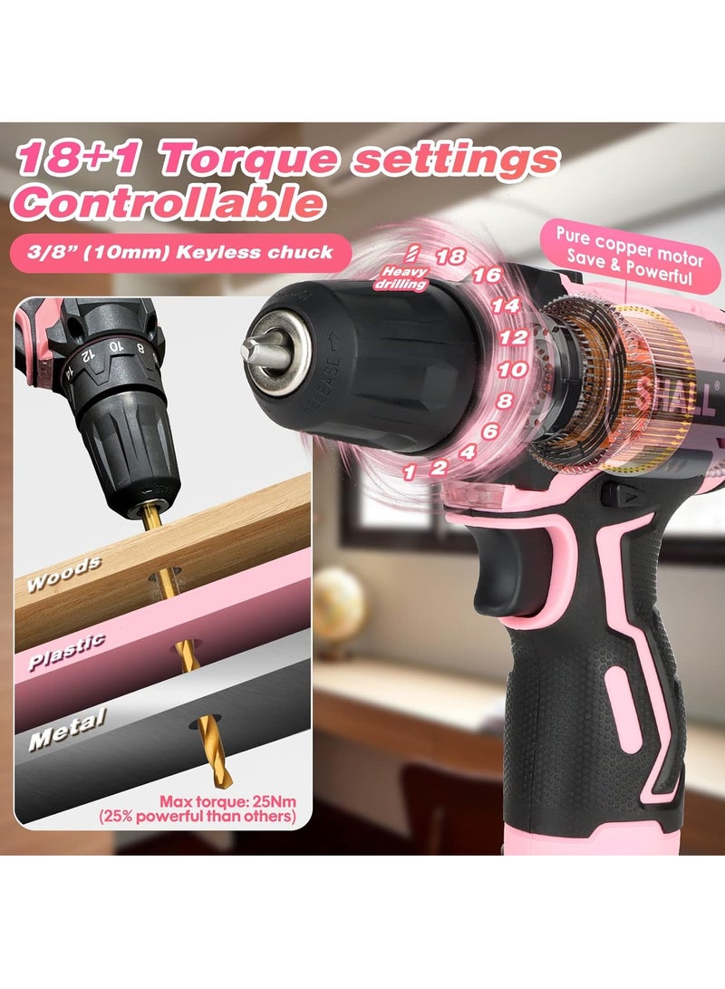 طقم مثقاب لاسلكي وردي اللون، 43 قطعة، مثقاب كهربائي 12 فولت، ظرف بدون مفتاح 3/8 بوصة، بطارية ليثيوم أيون 2 أمبير/ساعة، 8 رؤوس مثقاب HSS و32 رأس مفك براغي، مناسب لحفر الخشب/المعادن، مشاريع "اصنعها بنفسك" للنساء - Image 3