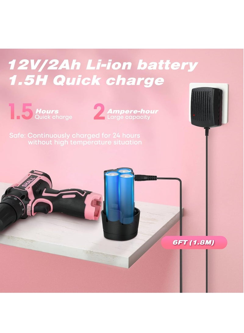 طقم مثقاب لاسلكي وردي اللون، 43 قطعة، مثقاب كهربائي 12 فولت، ظرف بدون مفتاح 3/8 بوصة، بطارية ليثيوم أيون 2 أمبير/ساعة، 8 رؤوس مثقاب HSS و32 رأس مفك براغي، مناسب لحفر الخشب/المعادن، مشاريع "اصنعها بنفسك" للنساء - Image 5