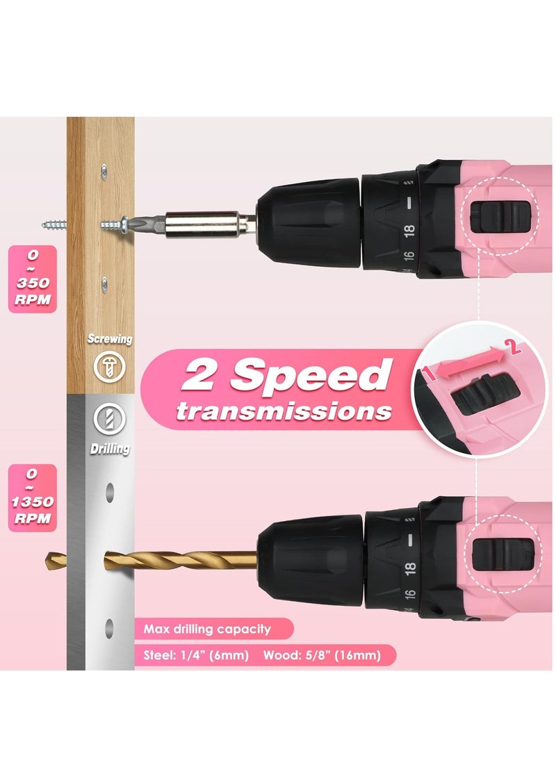 طقم مثقاب لاسلكي وردي اللون، 43 قطعة، مثقاب كهربائي 12 فولت، ظرف بدون مفتاح 3/8 بوصة، بطارية ليثيوم أيون 2 أمبير/ساعة، 8 رؤوس مثقاب HSS و32 رأس مفك براغي، مناسب لحفر الخشب/المعادن، مشاريع "اصنعها بنفسك" للنساء - Image 4