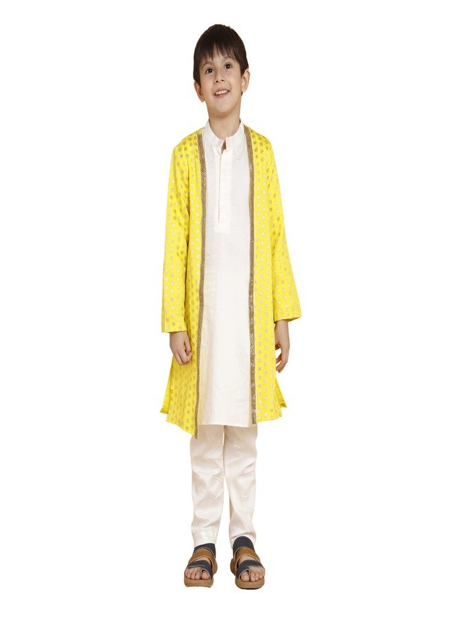 PICCOLO Cream Kurta Pyjama with Yellow Jacket Set Cotton Boy's Ethnic Kurta Pyjama Set, 10-11Years - Image 1