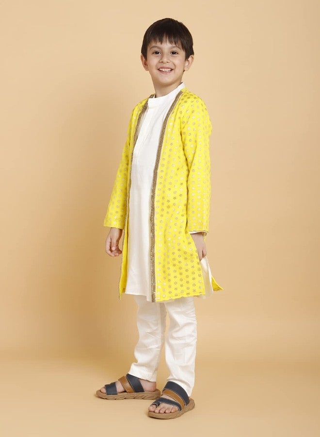 PICCOLO Cream Kurta Pyjama with Yellow Jacket Set Cotton Boy's Ethnic Kurta Pyjama Set, 10-11Years - Image 3