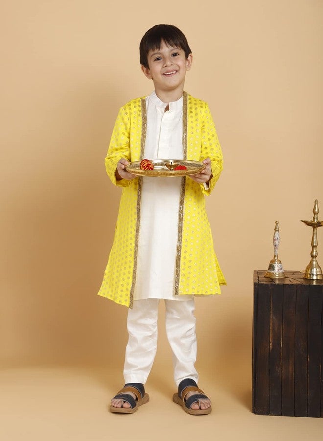 PICCOLO Cream Kurta Pyjama with Yellow Jacket Set Cotton Boy's Ethnic Kurta Pyjama Set, 10-11Years - Image 5