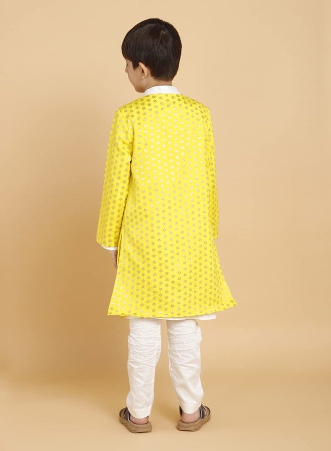 PICCOLO Cream Kurta Pyjama with Yellow Jacket Set Cotton Boy's Ethnic Kurta Pyjama Set, 10-11Years - Image 4