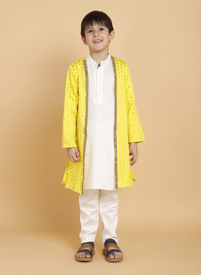 PICCOLO Cream Kurta Pyjama with Yellow Jacket Set Cotton Boy's Ethnic Kurta Pyjama Set, 10-11Years - Image 2