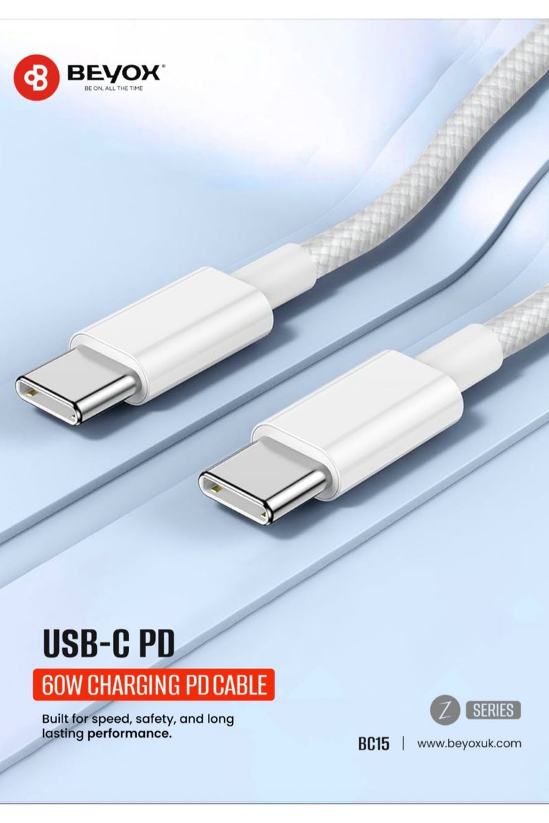 BEYOX BC15 60W PD Fast Charging Cable – 1 Meter Type-C to Type-C, White – High-Speed USB-C Cable for MacBook, iPad, iPhone, Samsung & Android Devices - Image 1