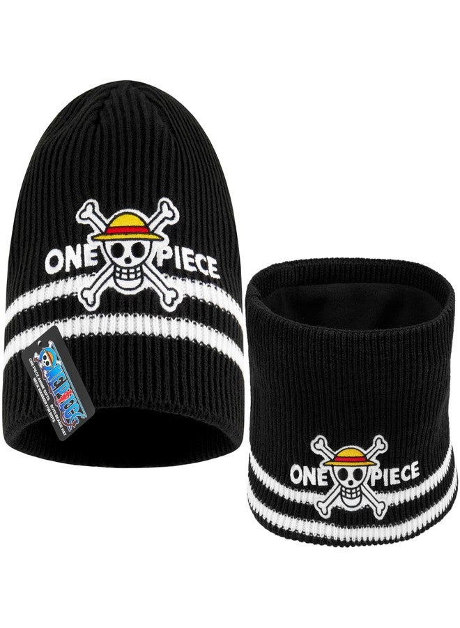 Get Trend One Piece Beanie and Neck Warmer Set Anime Gifts for Boys, Teens Anime Knit Hat Luffy Winter Gear Cozy Snood (7-14 Years, Black One Piece, 2) - Image 1
