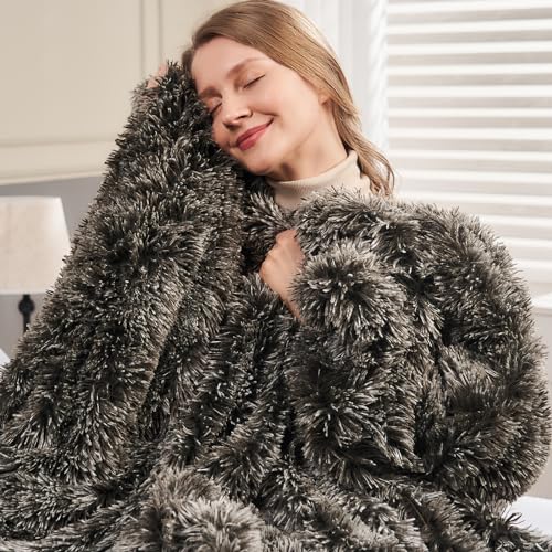 GONAAP Fuzzy Faux Fur Throw Blanket Frosty Black Super Soft Cozy Plush Fuzzy Shaggy Blanket for Couch Sofa Bed (Frosty Black, Throw(50"x60")) - Image 3