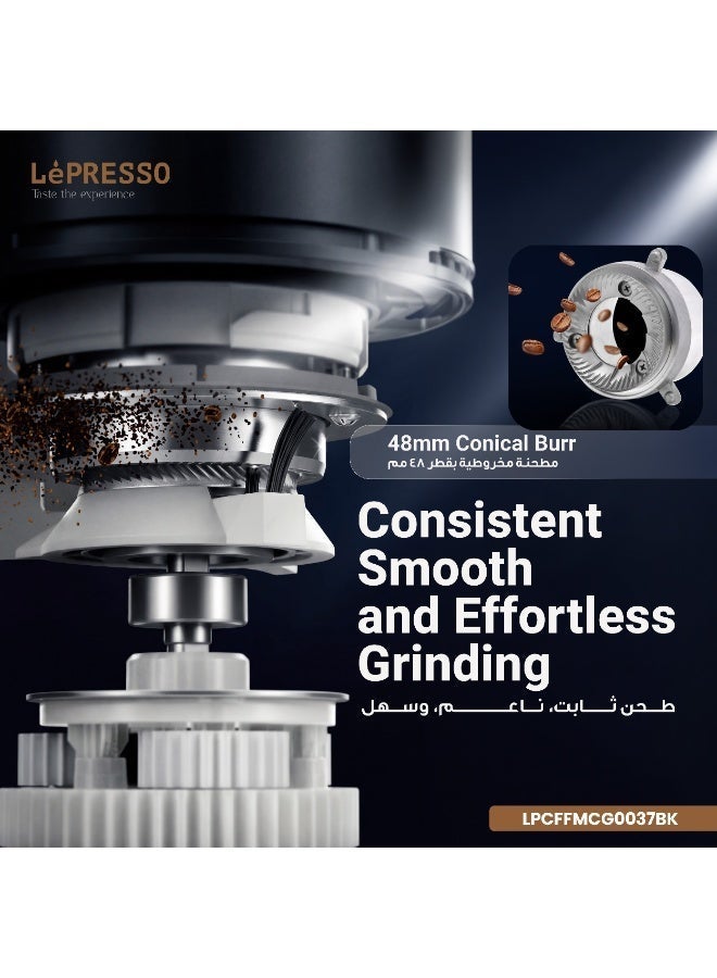 LePRESSO Macinare Burr Coffee Grinder / 48mm Stainless Steel Conical Burr / 60 Grind Settings / Espresso Coffee Grinder / 200g Bean Hopper / Precision Coffee Bean Grinder - Black - Image 4