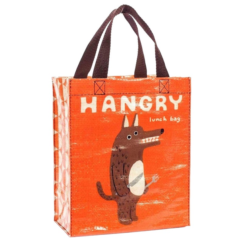 Blue Q Handy Tote ~ Hangry. Reusable lunch sack, little gift bag, sturdy and easy to clean, made from 95% recycled material, 10"h x 8.5"w x 4.5"d - Image 1