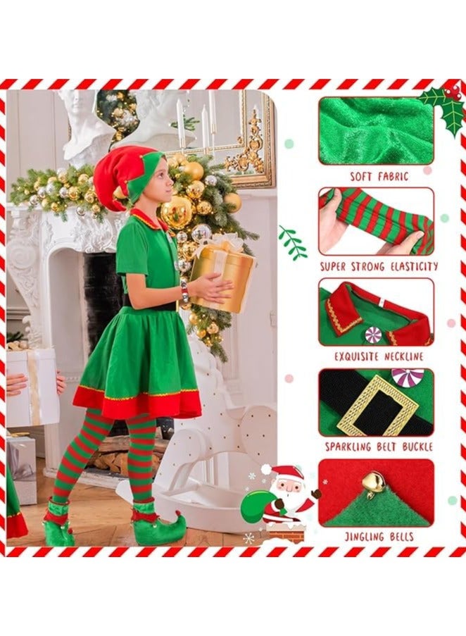 TAPIT Christmas Elf Costume Set Christmas Elf Cosply Outfits Dress for Boys Girls Include Hat Dress and Striped Socks for Christmas New Year Masquerade Party (Girls)  - Image 2