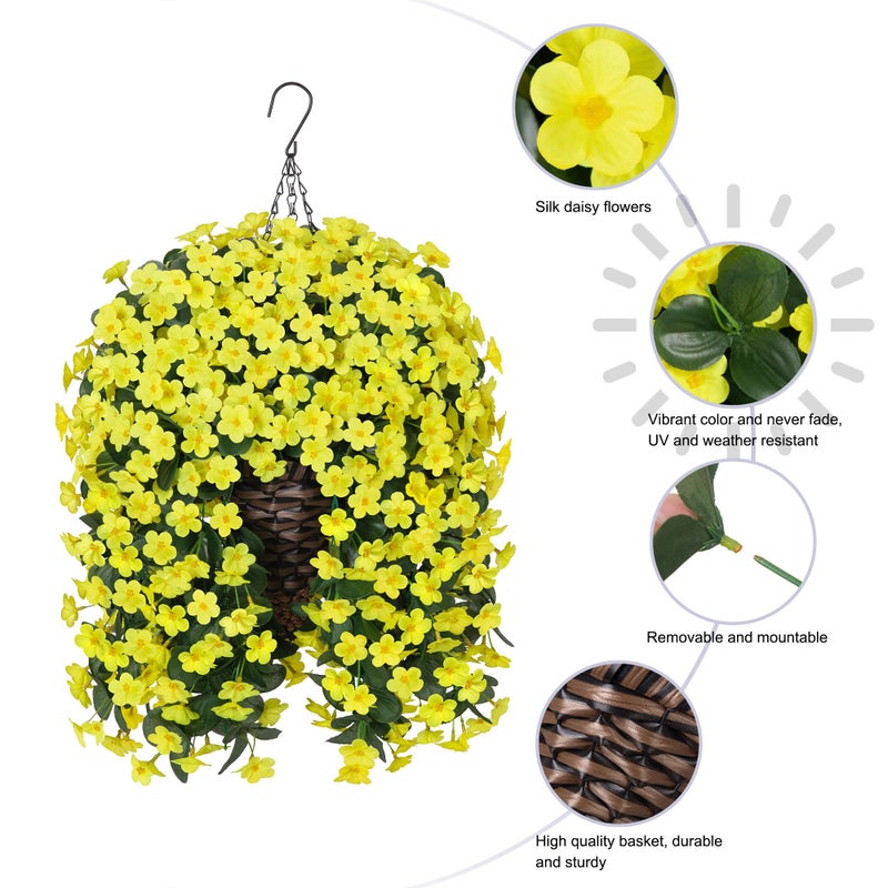 HyeFlora Artificial Fake Hanging Outdoor Flowers Plants Basket, Faux Silk Yellow Daisy Flowers UV Resistant Realistic Hanging Planter Orchid Vines for Outside Porch Patio Home Garden Yard Decoration - Image 3