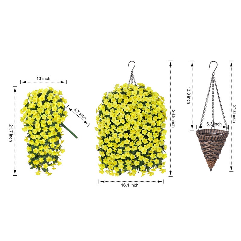 HyeFlora Artificial Fake Hanging Outdoor Flowers Plants Basket, Faux Silk Yellow Daisy Flowers UV Resistant Realistic Hanging Planter Orchid Vines for Outside Porch Patio Home Garden Yard Decoration - Image 2