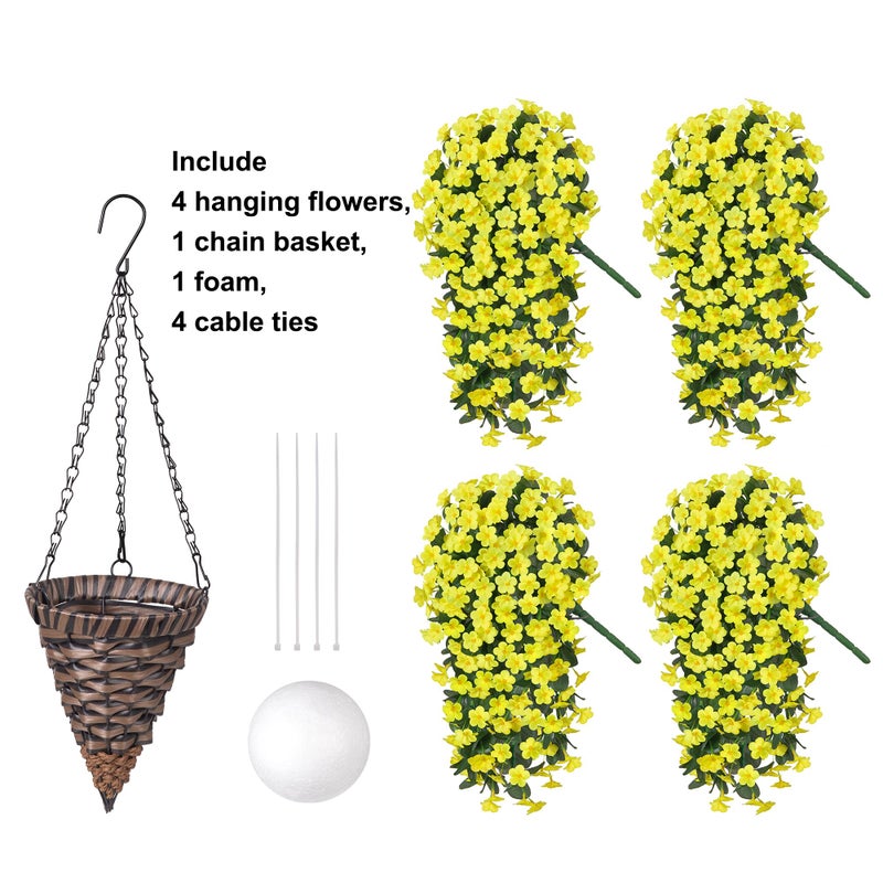 HyeFlora Artificial Fake Hanging Outdoor Flowers Plants Basket, Faux Silk Yellow Daisy Flowers UV Resistant Realistic Hanging Planter Orchid Vines for Outside Porch Patio Home Garden Yard Decoration - Image 5