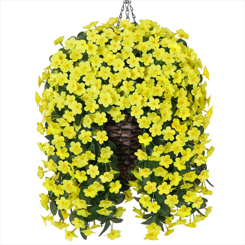 HyeFlora Artificial Fake Hanging Outdoor Flowers Plants Basket, Faux Silk Yellow Daisy Flowers UV Resistant Realistic Hanging Planter Orchid Vines for Outside Porch Patio Home Garden Yard Decoration - Image 1