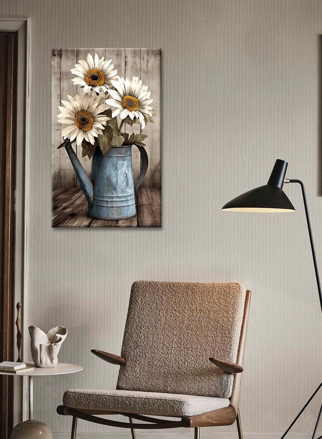 GLOKAKA Rustic Farmhouse Wall Art Vintage White Sunflower Painting Wall Decor Wooden Background Canvas Print Country Sunflower Artwork for Bathroom Home Decor (White Sunflowers, 16"x24") - Image 4