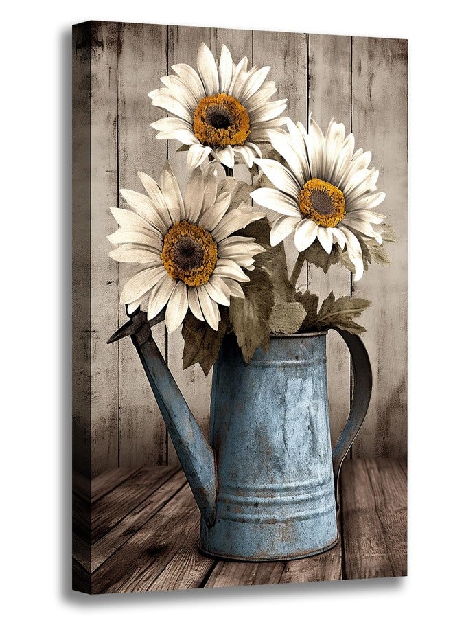GLOKAKA Rustic Farmhouse Wall Art Vintage White Sunflower Painting Wall Decor Wooden Background Canvas Print Country Sunflower Artwork for Bathroom Home Decor (White Sunflowers, 16"x24") - Image 1
