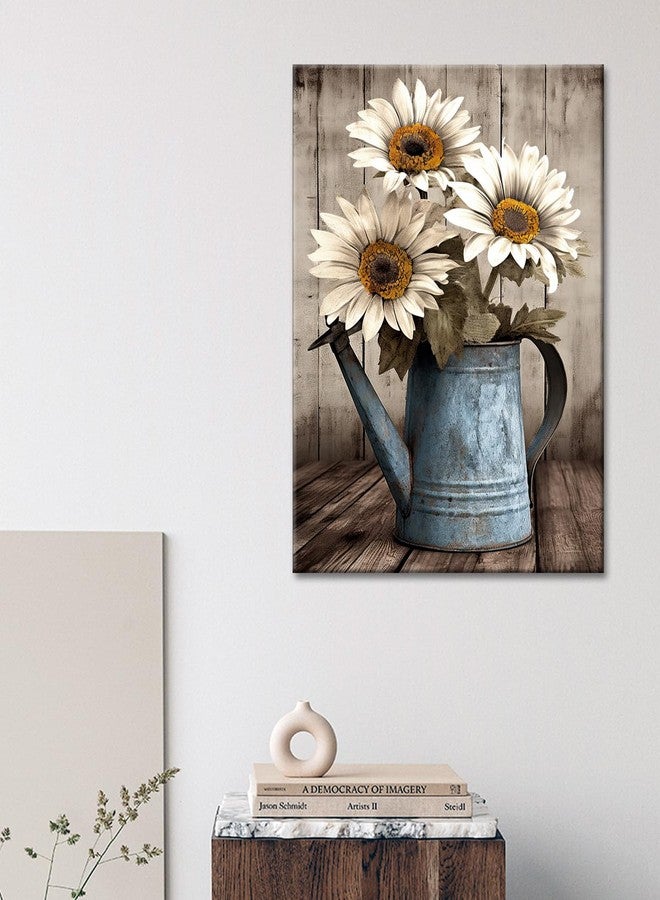 GLOKAKA Rustic Farmhouse Wall Art Vintage White Sunflower Painting Wall Decor Wooden Background Canvas Print Country Sunflower Artwork for Bathroom Home Decor (White Sunflowers, 16"x24") - Image 2