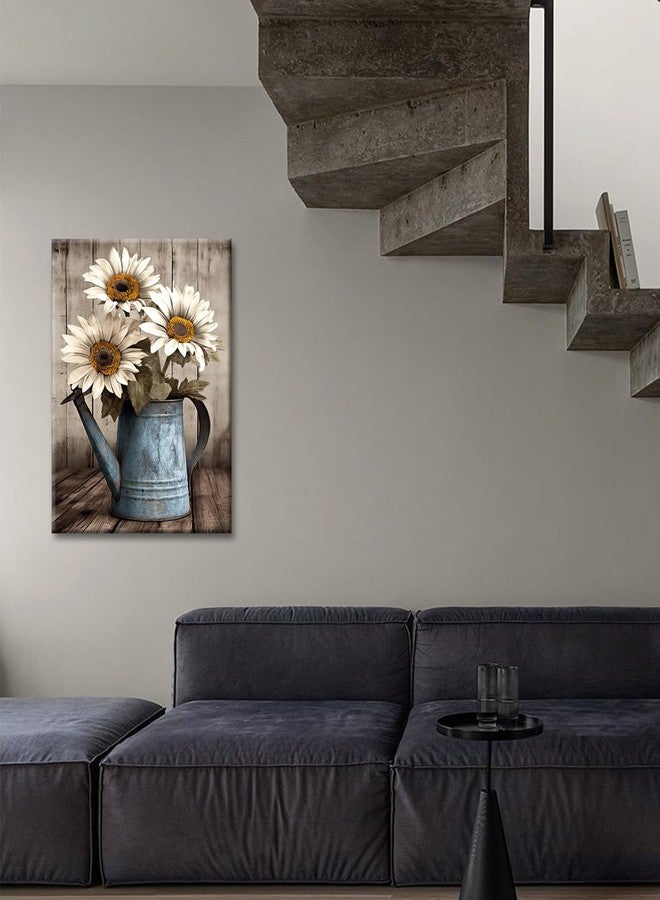 GLOKAKA Rustic Farmhouse Wall Art Vintage White Sunflower Painting Wall Decor Wooden Background Canvas Print Country Sunflower Artwork for Bathroom Home Decor (White Sunflowers, 16"x24") - Image 5