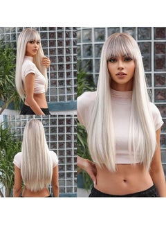 ETG Long Straight Full Fluffy Silver Wigs with Female Natural Hair Gradient Silver Full Headgear Bangs for Women, 26inch Synthetic Wig Heat Resistant Hair for Daily Party Cosplay  - Image 3