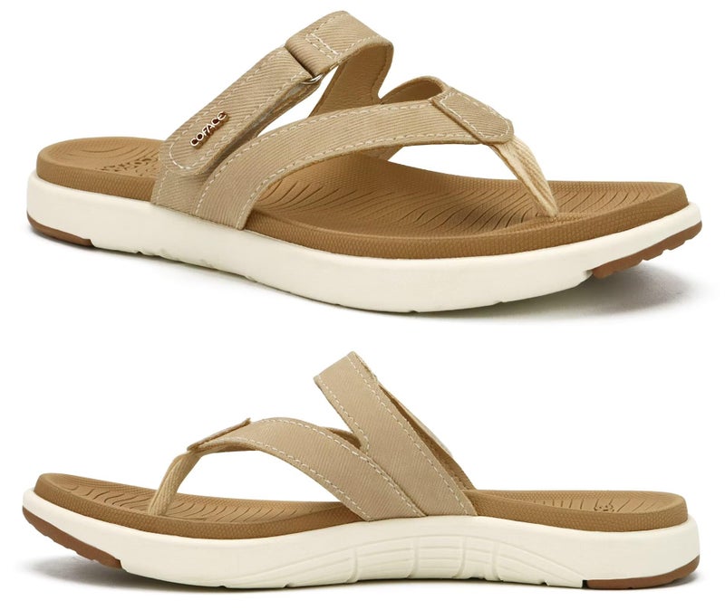 COFACE Womens Orthopedic Flip Flops Ladies Slip On Athletic Yoga Memory Foam Cushioned Recovery Walking Thong Sandals Summer Beach Pool Slippers Comfortable Plantar Fasciitis Arch Support Beige Size 9 - Image 1