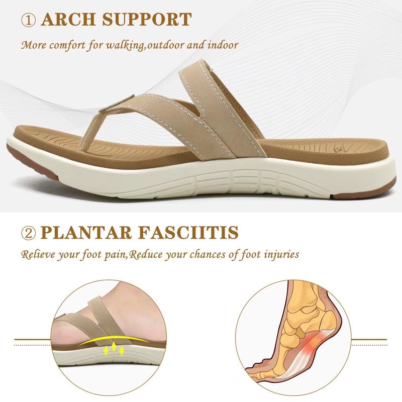 COFACE Womens Orthopedic Flip Flops Ladies Slip On Athletic Yoga Memory Foam Cushioned Recovery Walking Thong Sandals Summer Beach Pool Slippers Comfortable Plantar Fasciitis Arch Support Beige Size 9 - Image 3