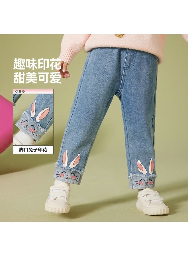 ASK JUNIOR بنطلون بنات خريف للأطفال بطبعة أرنب لطيف بنطلون جينز طويل رياضي - Image 5