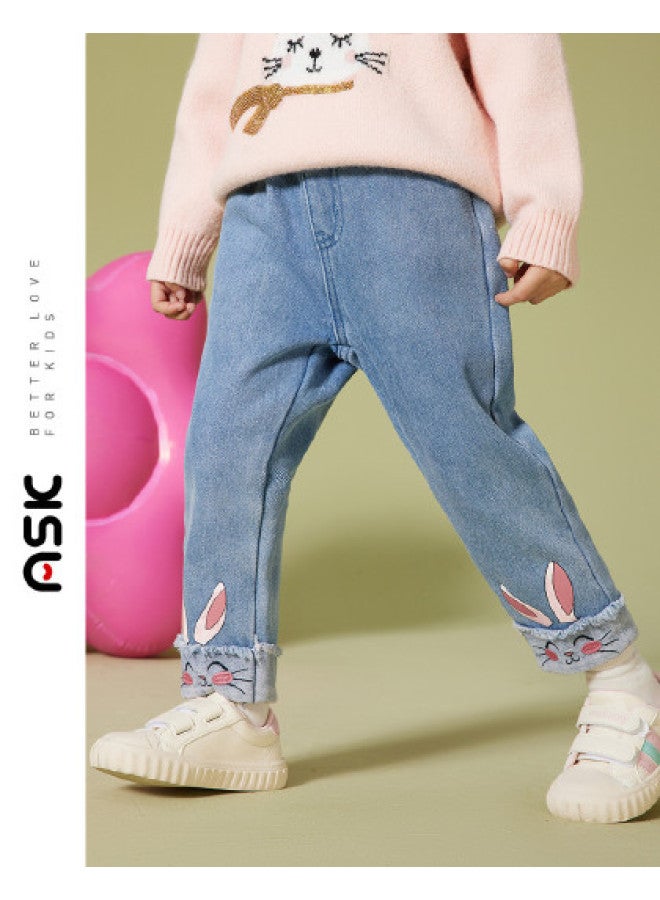 ASK JUNIOR بنطلون بنات خريف للأطفال بطبعة أرنب لطيف بنطلون جينز طويل رياضي - Image 1