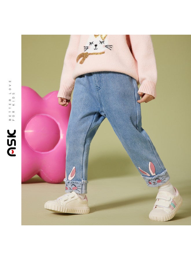 ASK JUNIOR بنطلون بنات خريف للأطفال بطبعة أرنب لطيف بنطلون جينز طويل رياضي - Image 2