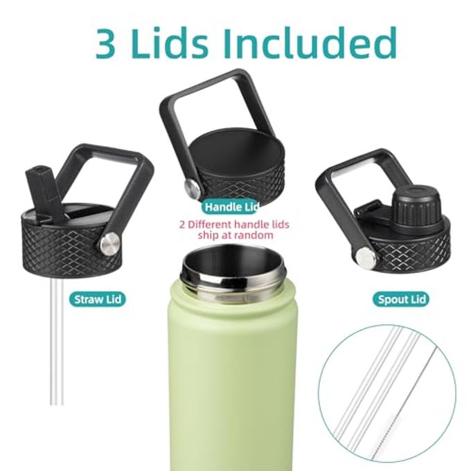 Konokyo Insulated Water Bottle 24oz Stainless Steel Sport Bottles with 3 Lids,Macaron Green - Image 3