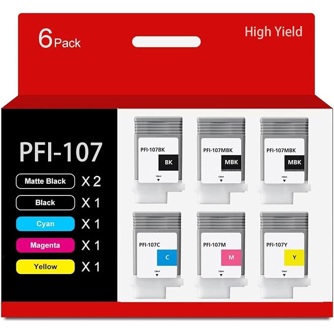 PFI-107 Compatible for PFI-107MBK PFI-107BK PFI-107C PFI-107M PFI-107Y Ink Cartridge for imagePROGRAF IPF670 IPF680 IPF770 IPF780 IPF785 Printer 6-Pack 130ML
