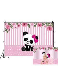 Renaiss 5X3Ft Cute Panda Baby Shower Backdrop Pink And White Stripe Dots Rose Flowers Photography Background For Girl Princess Newborn Birthday Party Decor Cake Table Banner Photo Studio Props  - Image 2