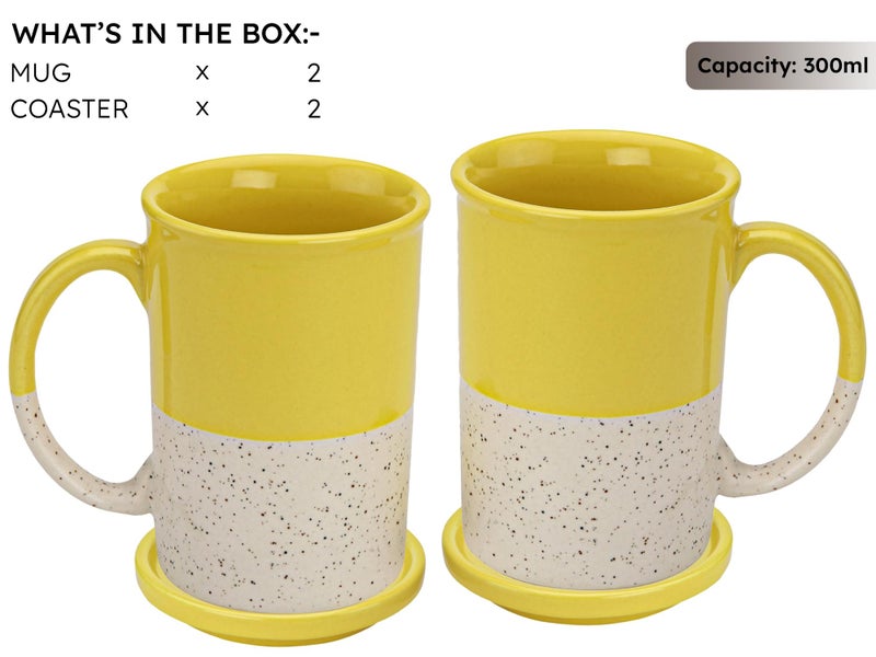 Bodhi House Ceramic Hand Glazed Tea and Coffee Mug with Coaster - 300ml | Set of 2 | Microwave & Dishwasher Safe | for Home Office - Yellow - Image 3
