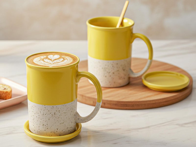 Bodhi House Ceramic Hand Glazed Tea and Coffee Mug with Coaster - 300ml | Set of 2 | Microwave & Dishwasher Safe | for Home Office - Yellow - Image 1