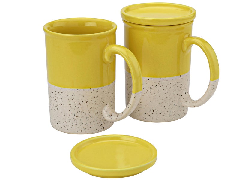 Bodhi House Ceramic Hand Glazed Tea and Coffee Mug with Coaster - 300ml | Set of 2 | Microwave & Dishwasher Safe | for Home Office - Yellow - Image 2