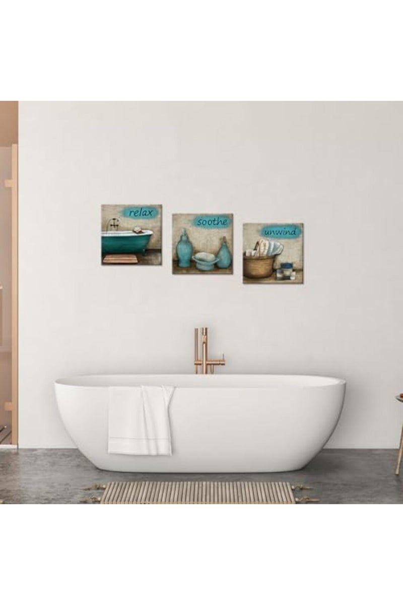 iHAPPYWALL 3 Pieces Bathroom Canvas Wall Art Teal Style Bathtub Bath Set Towel Relax Soothe Unwind Bathroom Still Life Picture Poster Print On Canvas Stretched and Framed Ready to Hang - Image 2