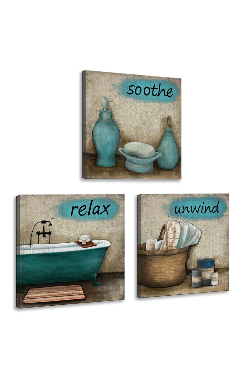 iHAPPYWALL 3 Pieces Bathroom Canvas Wall Art Teal Style Bathtub Bath Set Towel Relax Soothe Unwind Bathroom Still Life Picture Poster Print On Canvas Stretched and Framed Ready to Hang - Image 1