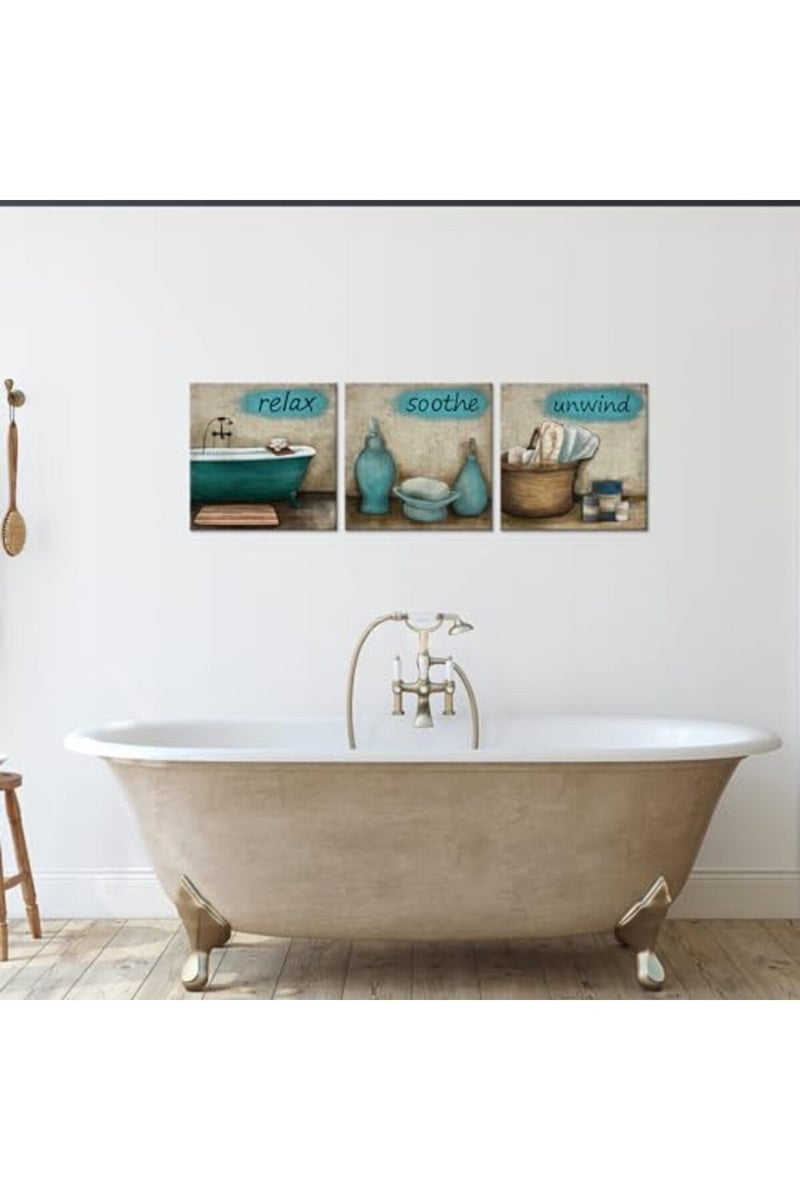 iHAPPYWALL 3 Pieces Bathroom Canvas Wall Art Teal Style Bathtub Bath Set Towel Relax Soothe Unwind Bathroom Still Life Picture Poster Print On Canvas Stretched and Framed Ready to Hang - Image 3