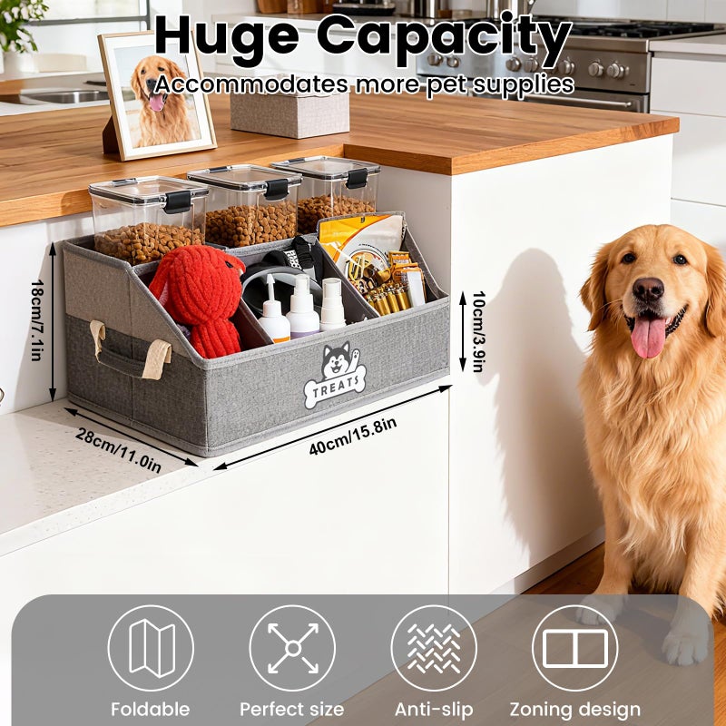 Nage-Bay Dog Treat Container Basket for Countertop, Foldable Pet Toy Box for Living Room Area with Handles, Dog Storage Organizer with Removable Dividers for Treat Container, Leashes, Canned food, Pet Supplies - Image 2