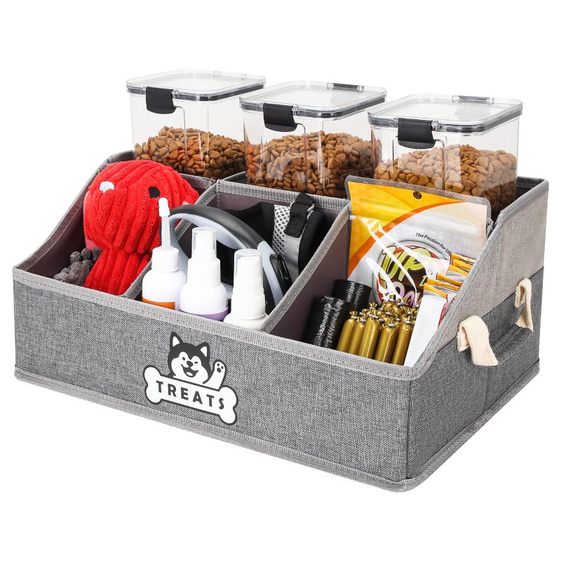 Nage-Bay Dog Treat Container Basket for Countertop, Foldable Pet Toy Box for Living Room Area with Handles, Dog Storage Organizer with Removable Dividers for Treat Container, Leashes, Canned food, Pet Supplies - Image 1