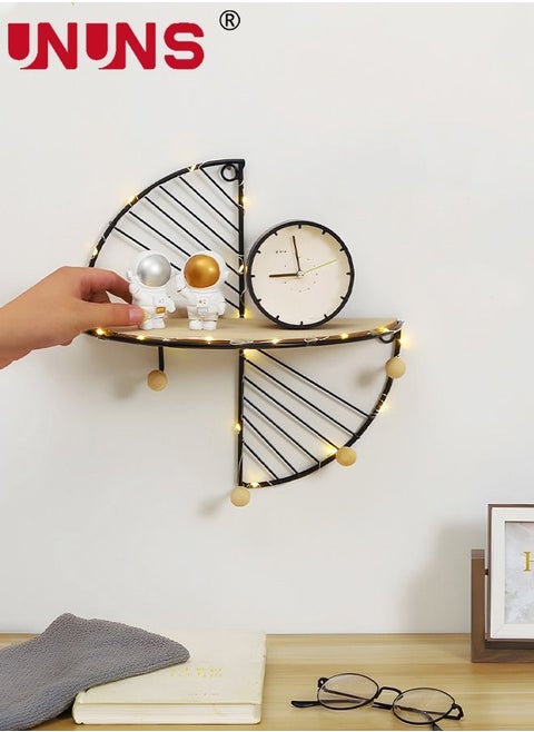 Floating Shelves For Wall,Sector Wall Mounted Floating Shelves With Hooks And LED Light String,Metal Frame With Wooden Shelf,Decor Shelf For Bathroom Bedroom