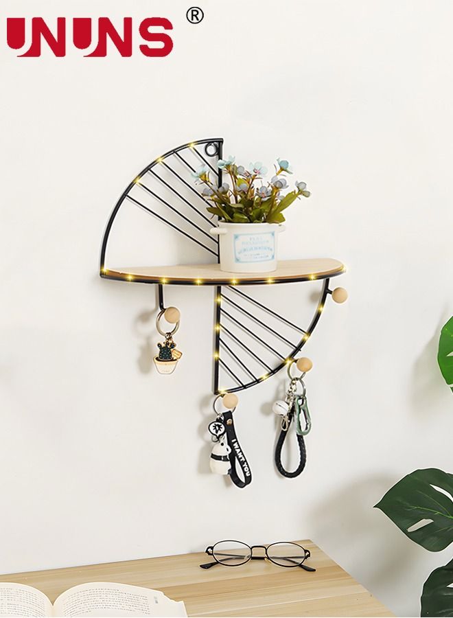 UNUNS Floating Shelves For Wall,Sector Wall Mounted Floating Shelves With Hooks And LED Light String,Metal Frame With Wooden Shelf,Decor Shelf For Bathroom Bedroom  - Image 3