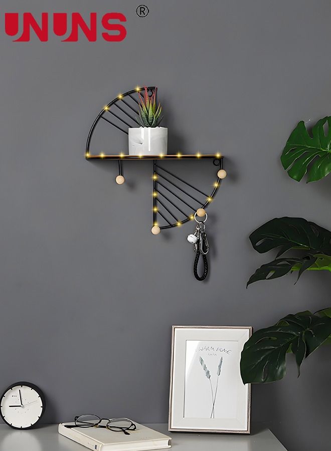 UNUNS Floating Shelves For Wall,Sector Wall Mounted Floating Shelves With Hooks And LED Light String,Metal Frame With Wooden Shelf,Decor Shelf For Bathroom Bedroom  - Image 5