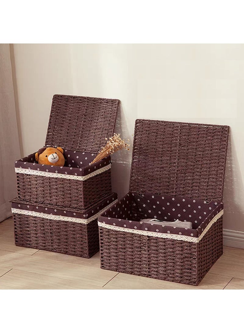 LINGWEI Set of 3 Woven Storage Basket Box Wicker Hamper Stackable Bin with Lid Storage Organizer For Nursery Baby Closet Diaper Toys Home Office Laundry  - Image 1